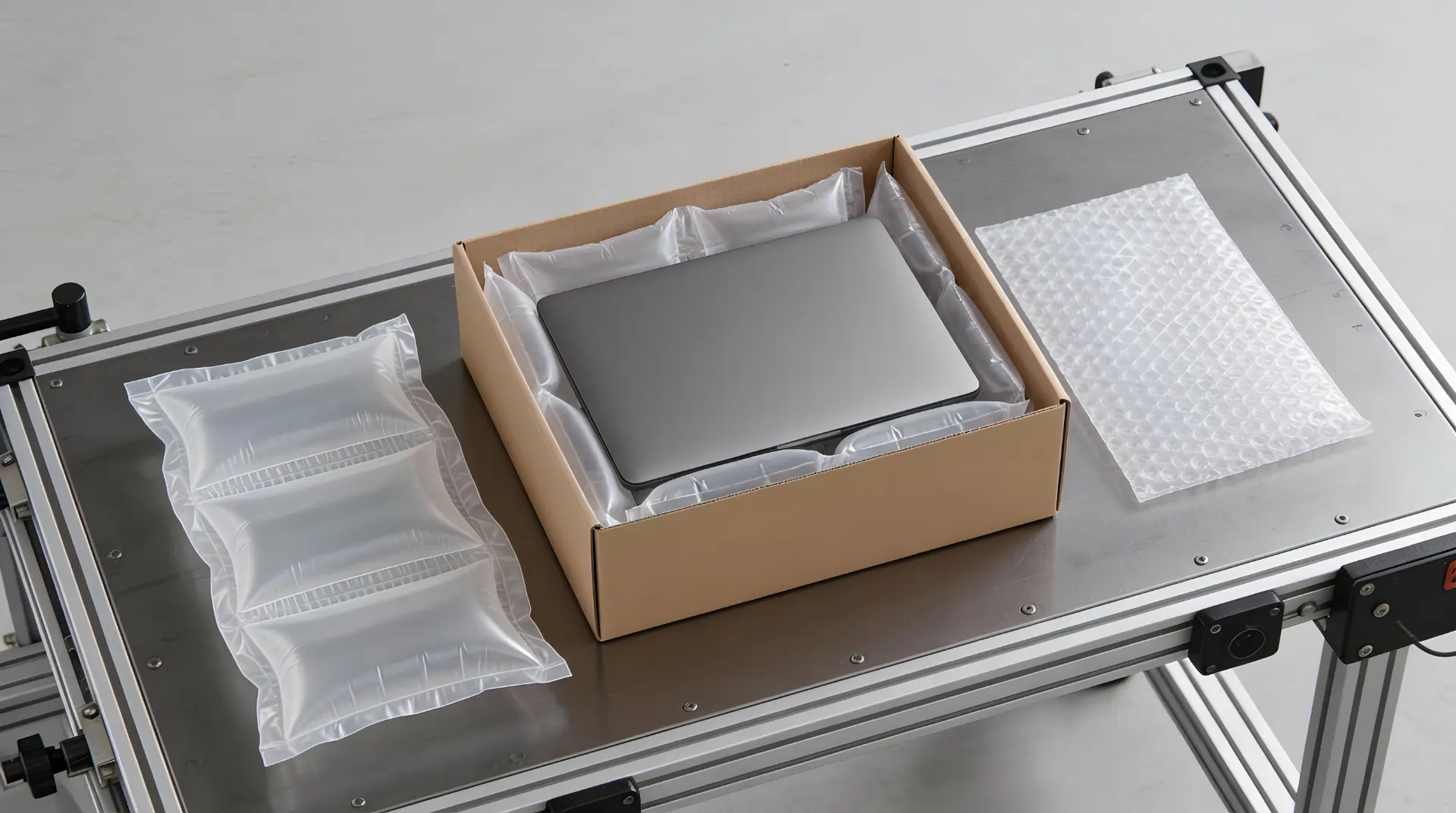 Almofadas de ar e manta colmeia protegendo um notebook dentro da caixa de envio